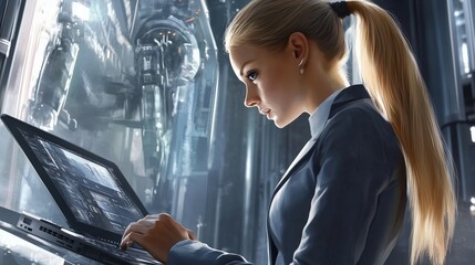Poster - a young professional woman works intently on a laptop in a high-tech environment with futuristic mac