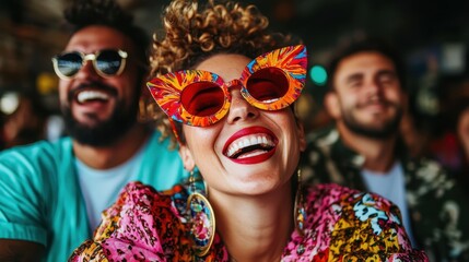 A vibrant and colorful photo of a group of young friends laughing and having fun, wearing stylish and unique sunglasses, showcasing joy and friendship in a lively atmosphere.