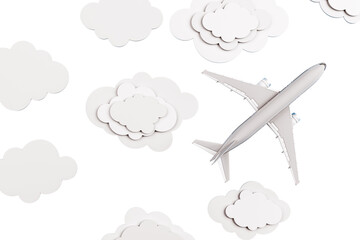 Leinwandbilder - Airplane flying among layered white clouds on a white background. Concept of travel and aviation. 3D Rendering