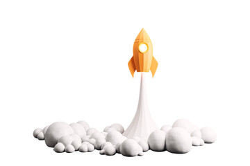 Poster - Orange rocket launching with smoke cloud. Isolated on a white background. Concept of startup and innovation. 3D Rendering
