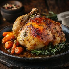 Canvas Print - Roasted chicken with rosemary and carrots on a black plate.