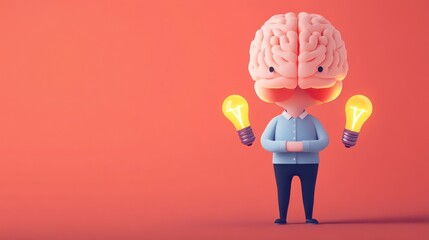 Wall Mural - a creative character with a brain for a head holding light bulbs, symbolizing innovative thinking an