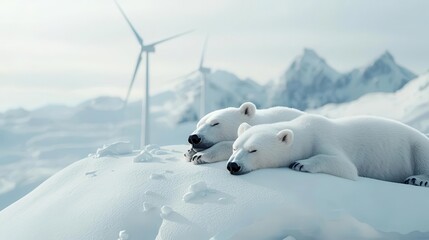 Wall Mural - Polar bears resting on a melting glacier, wind turbines in the distance, environmental awareness