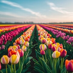 Canvas Print - Rows of Colorful Tulips in a Field Under a Blue Sky.