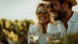 © Maximages  - A cheerful couple enjoying a glass of white wine in a scenic vineyard, celebrating their moments together with laughter and shared joy amidst the rows of grapevines.