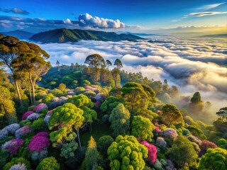 Aerial view of lush green Entoto Mountain forest with misty fog rolling in, majestic eucalyptus trees, and vibrant wildflowers against a bright blue sky.