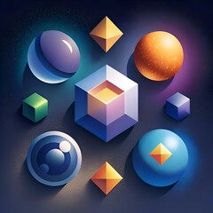 Wall Mural - A vibrant collection of 3D geometric icons in a futuristic style.