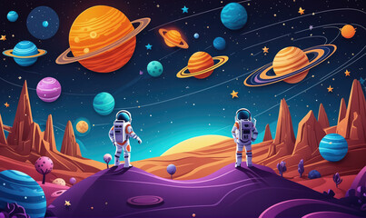 Wall Mural - Two astronauts stand on a hill and look out at a colorful and vibrant alien landscape with many planets and stars in the background