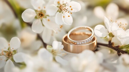 elegant gold wedding rings with white blossoms in a romantic closeup representing love and commitment for marriage or engagement celebrations