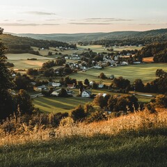 Wall Mural - Scenic View of a Small Town Nestled in a Valley at Sunset.