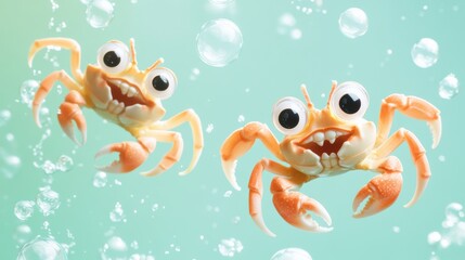 Cute crabs with big eyes on a mint green background with floating bubbles