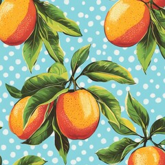 Poster - Seamless pattern of oranges with green leaves on a light blue background with white polka dots.