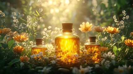 50. A vibrant, nature-inspired scene of health and wellness, with healing herbs, homeopathic drops, and essential oils softly glowing in natural light 