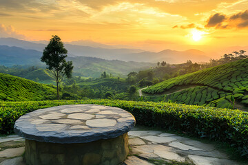 Wall Mural - Picturesque sunrise over rolling hills with lush green tea plantations.