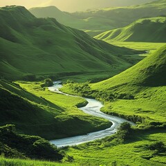 Serpentine river winding through lush green valley.