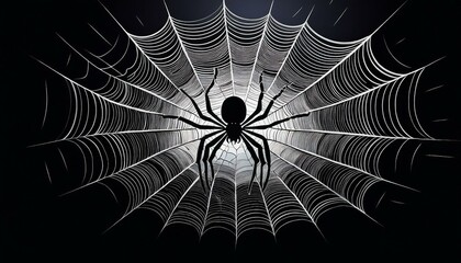 Creepy Spider on Intricate Web Silhouette Isolated on Black Background Panorama - Ominous Halloween Theme Nighttime Mood