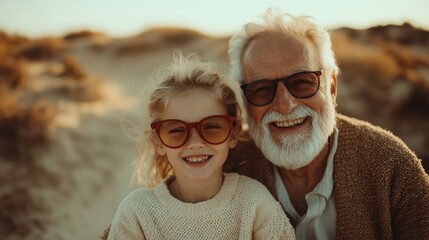 A heartwarming scene at a beach featuring an elderly man with glasses sharing a loving moment with his smiling blonde granddaughter, both dressed warmly.