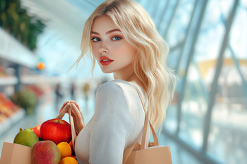 woman holding paper bag with fresh vegetables on market