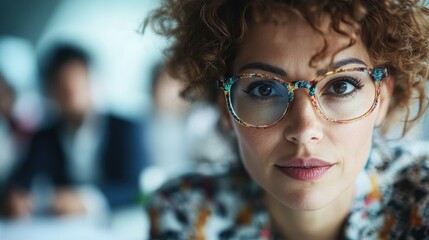 A portrait of a woman wearing colorful floral glasses, captured in a modern office setting. The image highlights her confidence and stylish eyewear, emphasizing professionalism.