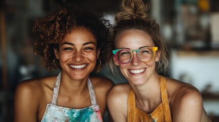 Two women with smiles and colorful glasses pose in artistic surroundings, wearing paint-splattered aprons, highlighting their companionship and joy in artistic pursuit.