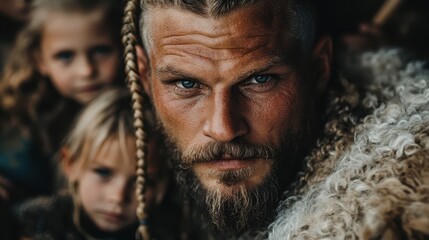 An intense close-up of a Viking warrior with braided hair in a fur cloak, children visible in the background, depicting a figure of protection and ancestral guardianship.