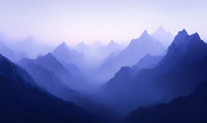 Wall Mural - A stunning landscape of blue mountains with soft fog and a hint of light in the distance.