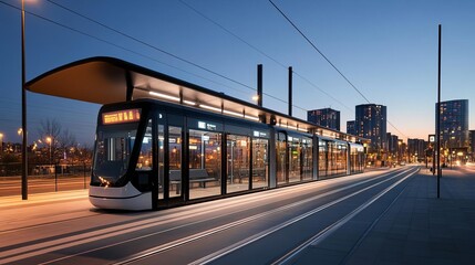 Digital tram station, augmented timetable, sleek city view, early evening ambiance