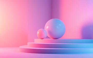 A minimalist scene featuring two glossy spheres on steps, illuminated with soft pink and blue lighting.