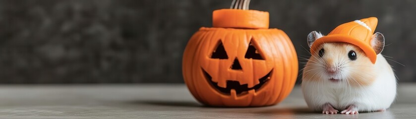 Hamster with a tiny pumpkin hat beside a jackolantern, pumpkin hamster, adorable Halloween rodent