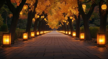 Canvas Print - Illuminated path lined with lanterns among autumn trees in a tranquil park at night