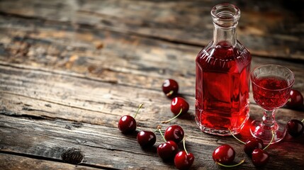 A bottle of Kirsch cherry liquor, with a glass beside it, placed on an old wooden table, surrounded by ripe cherries, highlighting the fruity richness of the drink