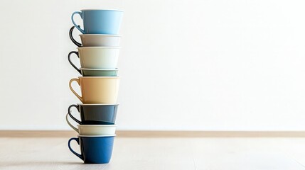 Sticker - Stack of Colorful Mugs on a White Background