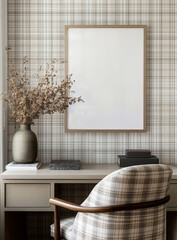 Sticker - An empty white picture frame hanging on the wall of a beautiful modern home office. Interior design photography showcases a luxurious space with plaid wallpaper, a modern desk, and a chair