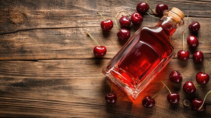 A clear glass bottle of Kirsch liquor placed on a rustic wooden table, with fresh cherries scattered around, highlighting the rich, fruity origins of this cherry-flavored alcohol