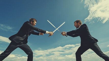 two businessmen clashing each other with swords