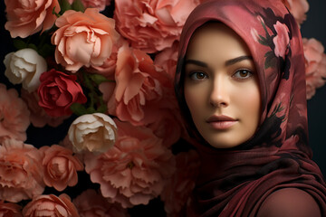 Wall Mural - AI generated photo portrait of a beautiful young woman in the flower field