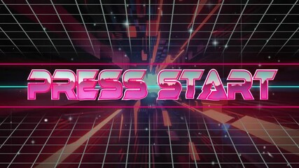 Sticker - Animation of press start text over neon pattern background