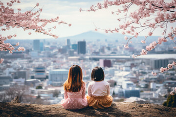 Wall Mural - AI generated photo of a beautiful two girls walking in botany garden