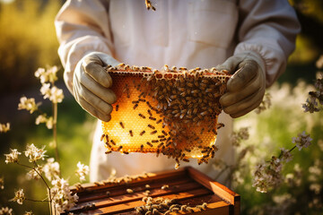 Wall Mural - A scene of a bee farm surrounded by vibrant wildflowers AI generative