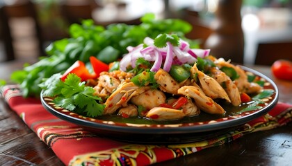 Vibrant Chicken Fajitas with Colorful Vegetables on a Rustic Restaurant Table Celebrating Traditional Mexican Cuisine