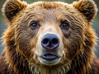 close-up portrait of a brown bear's rugged, expressive face, showcasing sharp teeth and nose, with a
