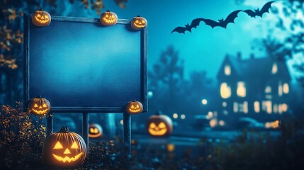 A Halloween event with a blue background. Incorporate spooky and festive visuals like pumpkins, bats, ghosts, or haunted houses.