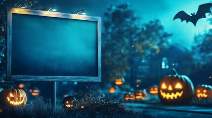 Wall Mural - A Halloween event with a blue background. Incorporate spooky and festive visuals like pumpkins, bats, ghosts, or haunted houses.