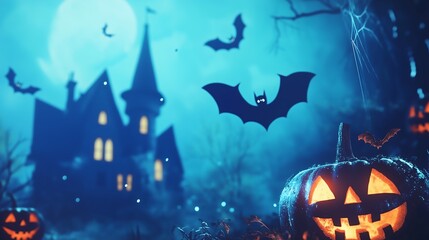 Wall Mural - A Halloween event with a blue background. Incorporate spooky and festive visuals like pumpkins, bats, ghosts, or haunted houses.