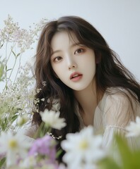 A woman with long brown hair is sitting in a field of flowers