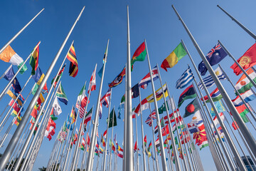 various flags of the world against the blue sky.