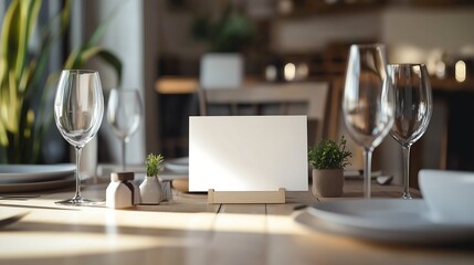 A white advertising sign placed on a dining table, promoting a special offer. 