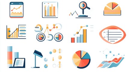 Vector illustrations of data analysis icons with a duo-tone color scheme,