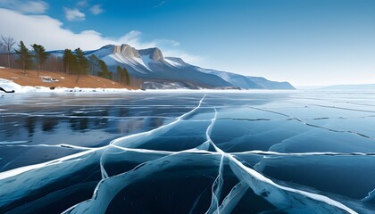 Wall Mural - Winter wonderland of frozen Lake Baikal with majestic mountains, striking blue ice, and intricate cracks creating a breathtaking natural backdrop