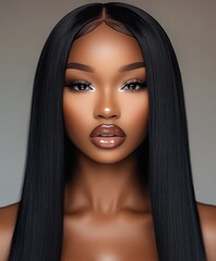 a woman with long black hair and a gold lip gloss